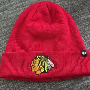 NWOT Chicago Blackhawks 47 Brand Red Knit Hat with Embroidered Blackhawk Design